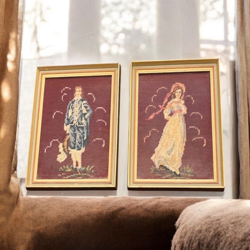 SET OF 2 NEEDLEPOINT FRAMED ART “Blue Boy And Pinkie” L. A. Bigelow Boston